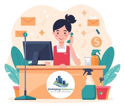 Illustration med personal på Jönköpings Städservice som tar emot kundsamtal