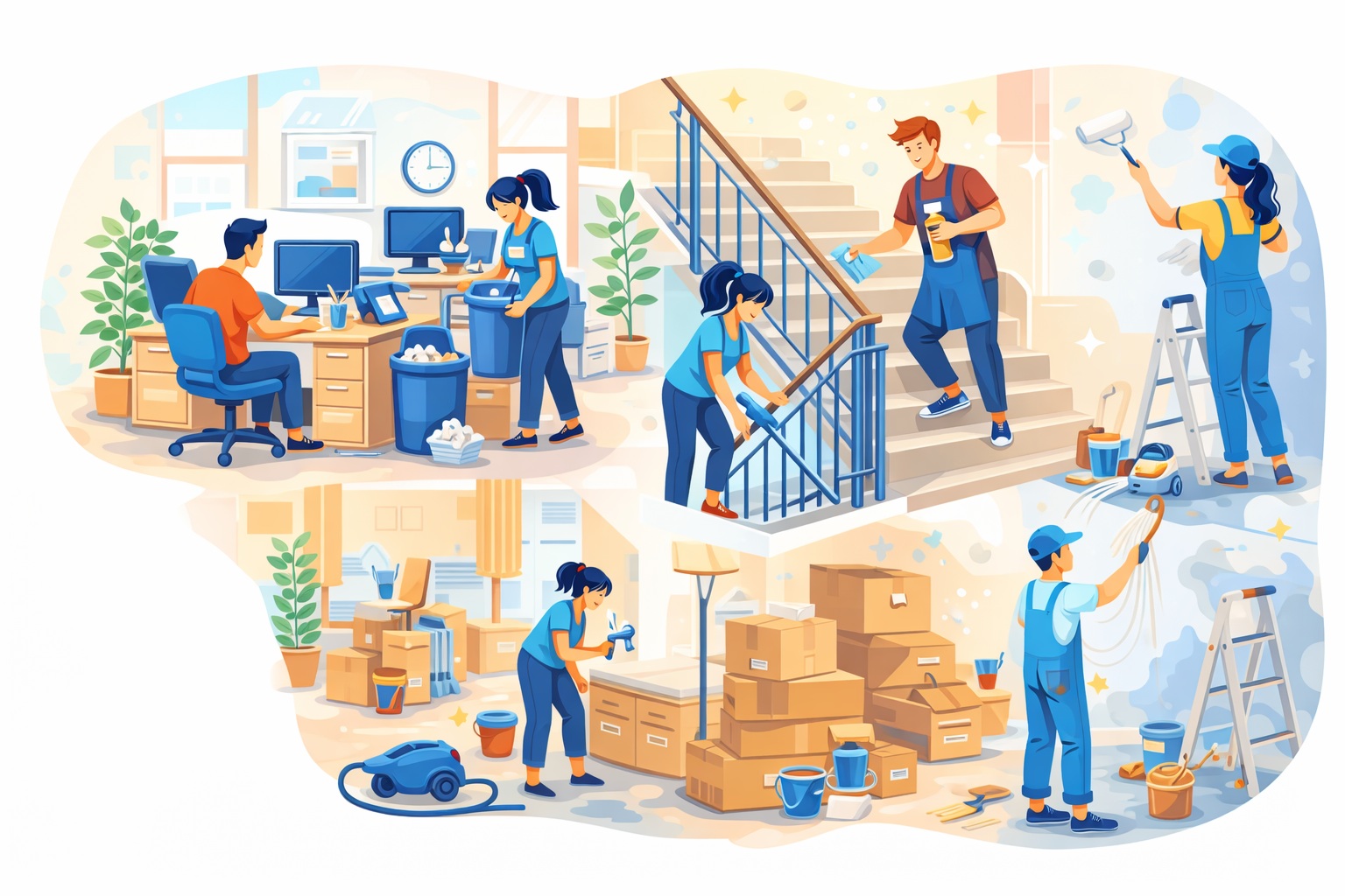 Illustration på Jönköpings Städservice olika tjänster och personal som städar