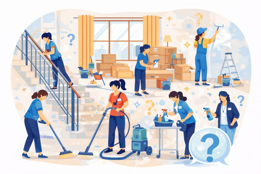 Illustration på Jönköpings Städservice olika tjänster och personal som städar